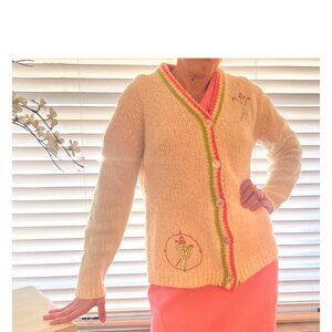 Vintage MCM 50s 60s Golf Theme Cardigan Sweater Ladies Large Preppy Embroidered